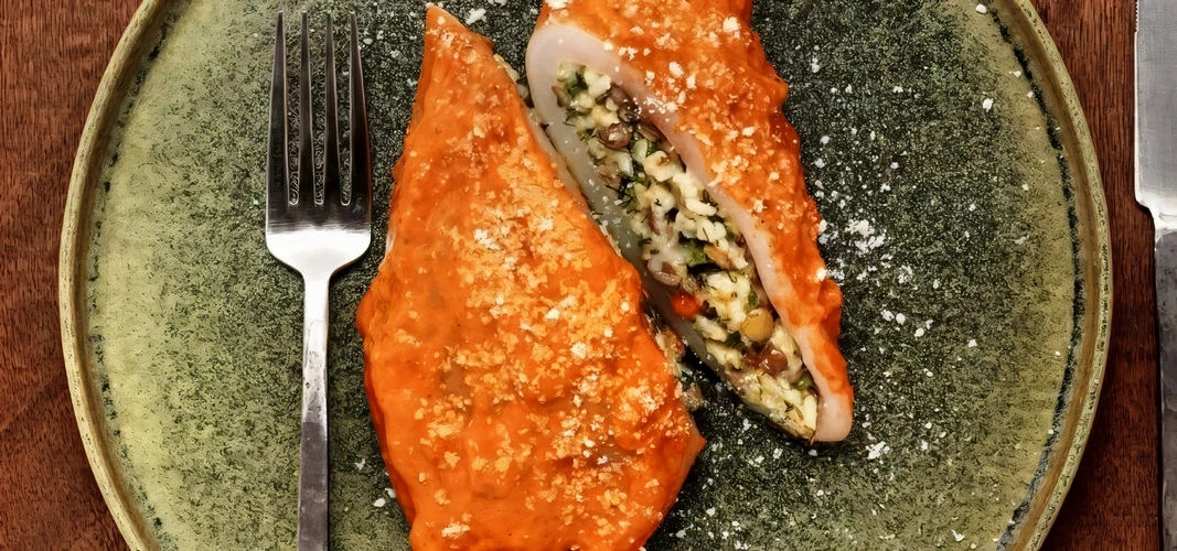 Фаршированные кальмары с рисом и чечевицей в томатном соусе